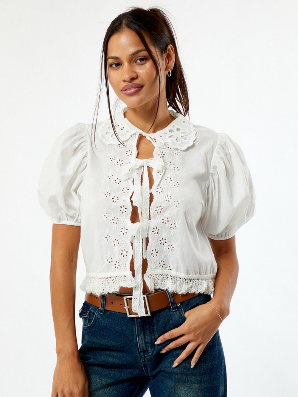Zemets Goat Chase White Embroidered Puff Sleeve Tie-Front Bow Top XS NYT